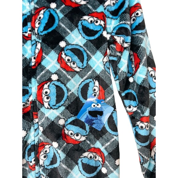 C201 Sesame Street Cookie Monster One Piece Pajamas Santa Hat Blue Size Small - Picture 4 of 5